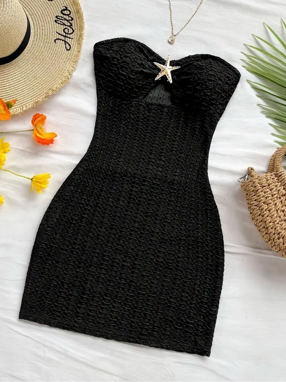 Strapless Black Textured Mini Dress size L